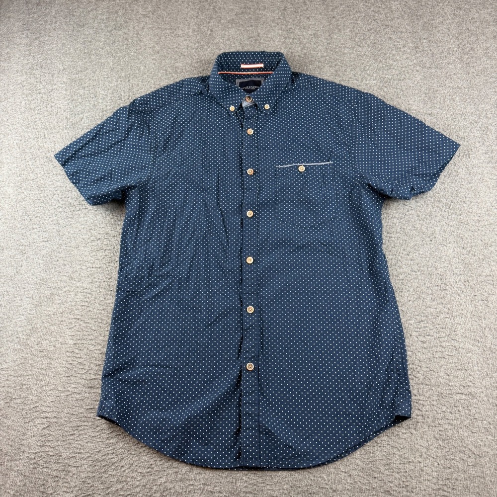 Denim & Flower Button Down Men's S Navy Blue Polka Dot Short Sleeve Shirt